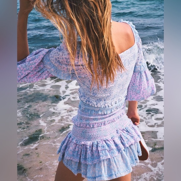 LoveShackFancy Ensley Cottagecore Floral Mini Dress in Blueberry Dust Sz L - Picture 3 of 11